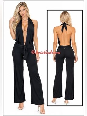 Lady Lux Black Deep Plunge Open Back Sexy Jumpsuit SZ M
